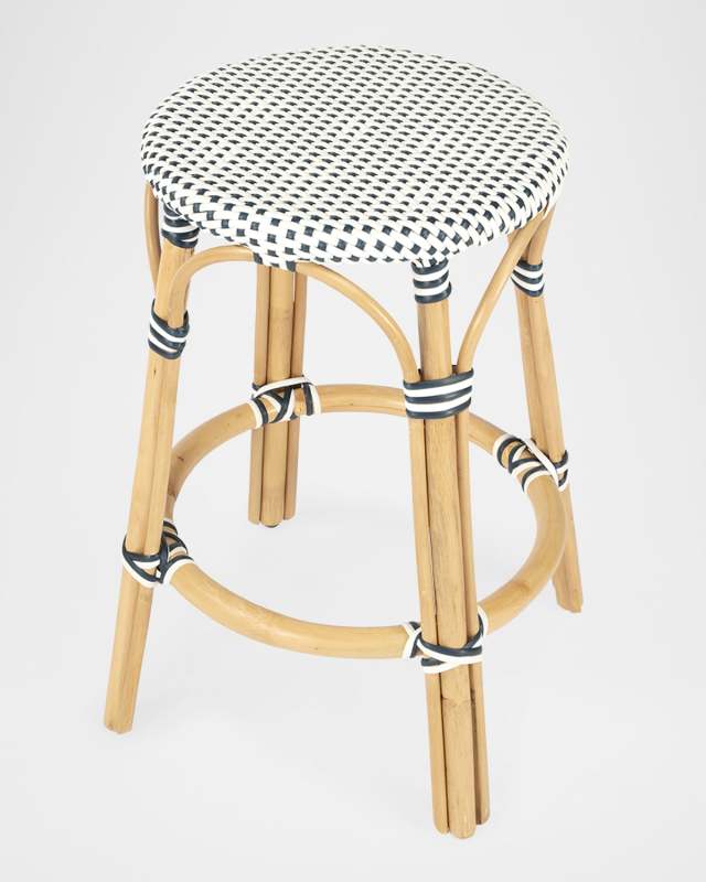 Tobias 24" Rattan Counter Stool, White/Navy Dot